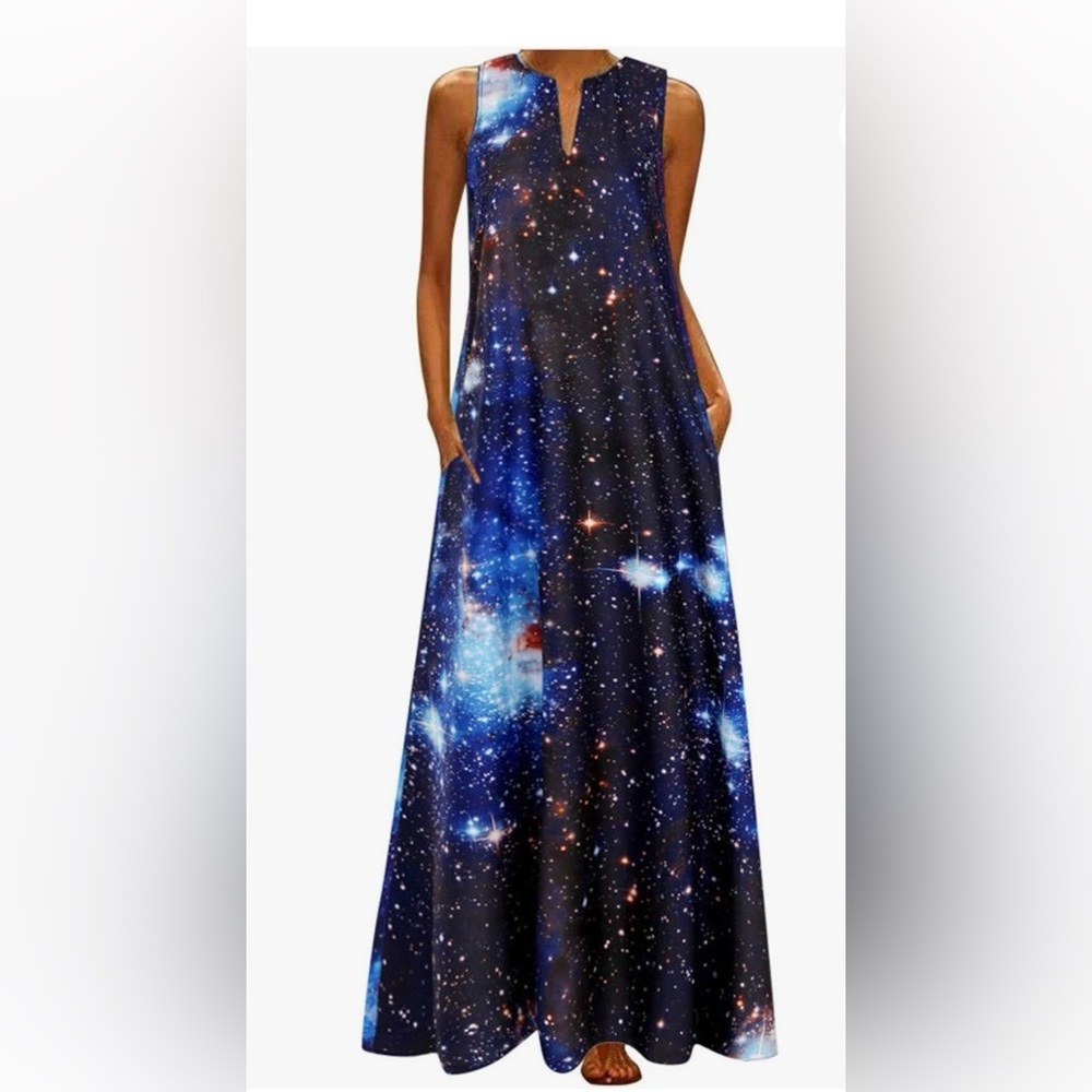 Unbranded maxi galaxy pattern sleeveless dress notched v neck Woman’s XXL - Picture 2 of 16